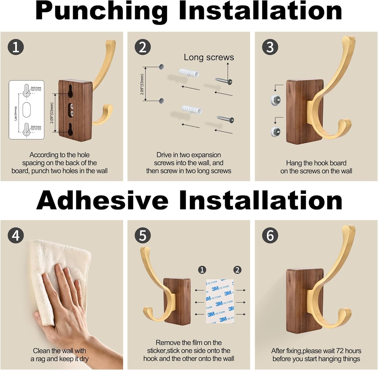 4 Pack Wooden Wall Hooks for Hanging, Adhesive Mounted & Wall Mount Nature Wood Coat Hook for Towel Clothes Blanket Hat Backpack Robe Nursery Door Board Entryway Key Holder Brushed Gold