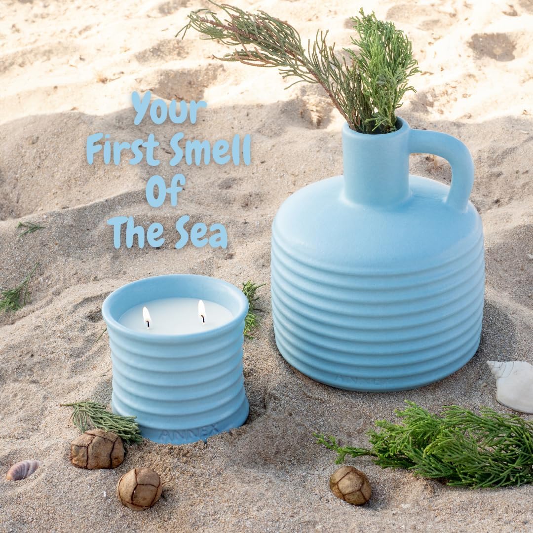Scented Luxury Candles in Handmade Ceramic Jars, Soy Wax | Day On The Sea – Cypress & Cedar, Large Candle | Non Toxic, 2 Wicks, Reusable Big Blue Jar | Natural Spring Aromatherapy for Women & Men