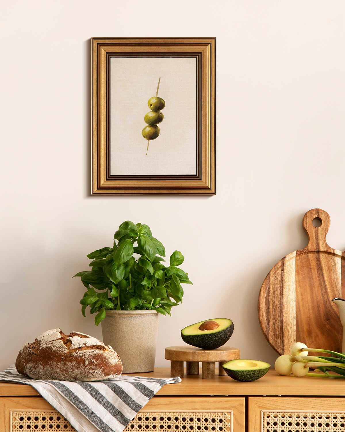 HUARCEY Gold Framed Wall Art for Living Room, Olive Skewers Painting Prints, Vintage Wall Decor for Kitchen, Minimalism Bedroom Wall Art for Home Office A string of olives 10L x 8W
