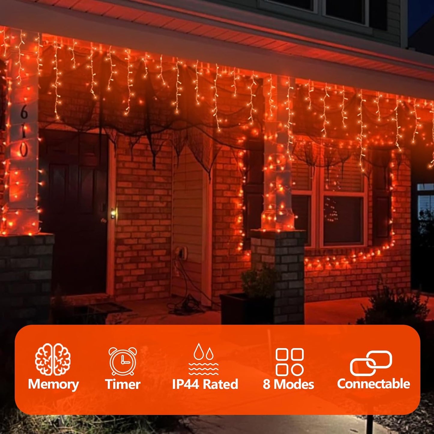 QITONG Orange Lights for Halloween, 66ft 800 LED Icicle Light for Outside with 8 Modes, Clear Wire Connectable Christmas Lights Indoor Plug in