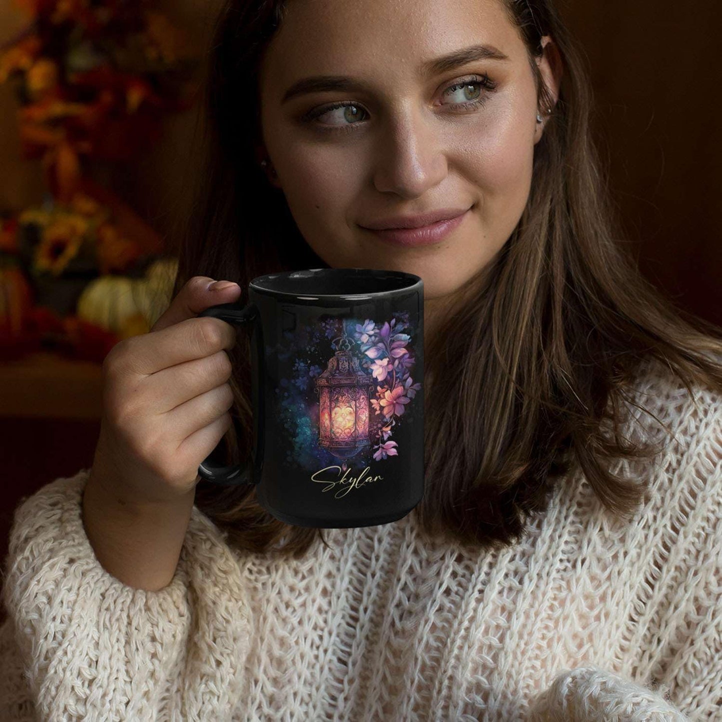 Custom Vintage Lantern With Flowers Coffee Mug, Personalized Name Ceramic Cup 11oz Or 15oz, Glowing Light And Flowers Mug, Customized Enchanted Nature Black Cup, Gift For Friends