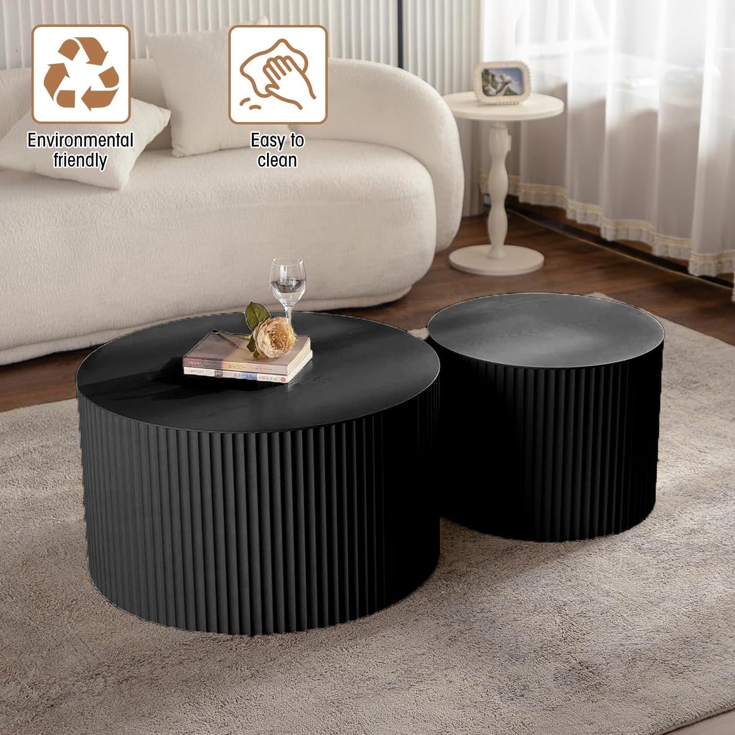 Round Coffee Table Set of 2, Nesting Coffee Table and End Table Set Small Circle Drum Side Table for Living Room Office, No Assembly (A Black Small)