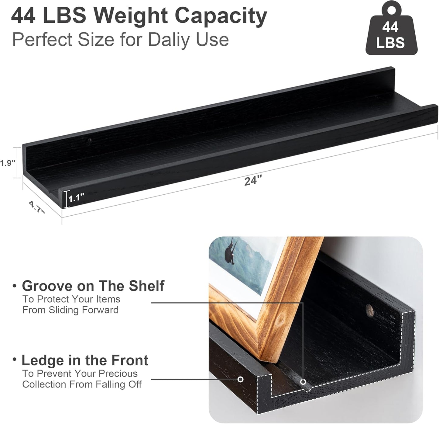 Floating Picture Ledge Shelves 24 Inch Solid Oak Wood Set of 2, Rustic Wall Storage Shelves with Lip, Kids Bookshelf, Photo & Picture Ledge Shelves for Bedroom, Living Room, Kitchen