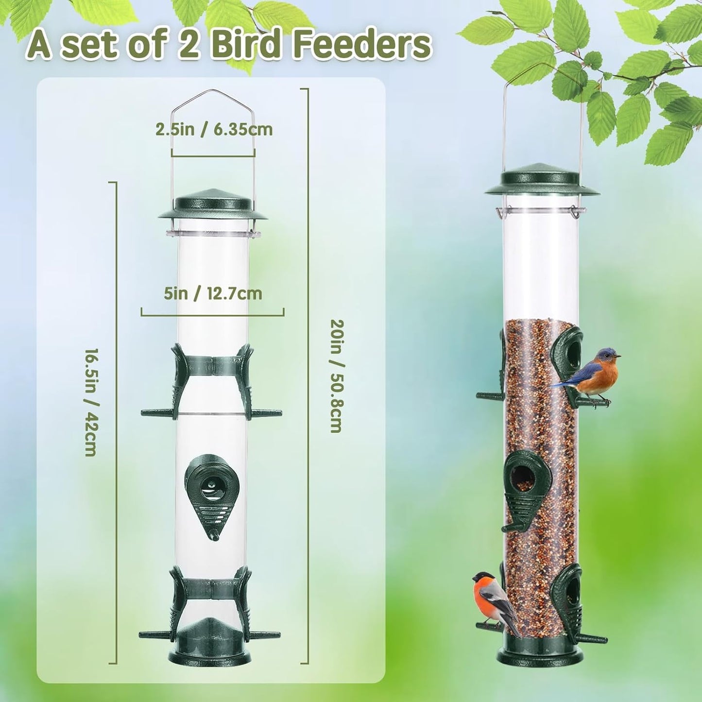MIXXIDEA 2PK Metal Wild Bird Feeder Bird Feeders for Outdoors Hanging 6 Port Tube Bird Feeder Transparent Finch Feeder with Steel Hanger Green