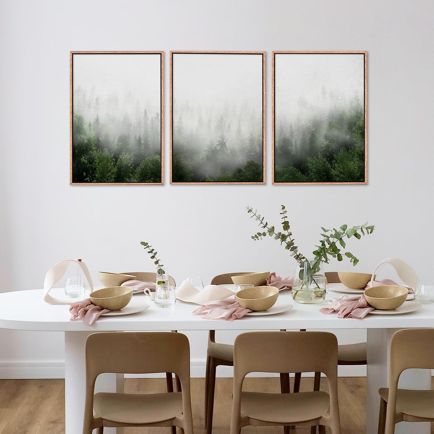 HPINUB Misty Green Forest Framed Canvas Wall Art Set, Nature Scenery Modern Wall Decor, Foggy Mountain Wall Painting, Woodland Landscape Nursery Art Print for Living Room, Bedroom, Office - 16"x24"x3