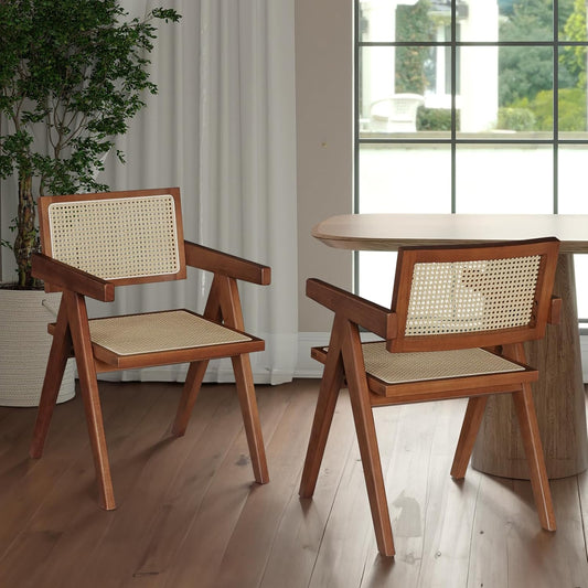 Rattan Accent Chairs Set of 2, Mid Century Modern Dining Armchairs With Cane Back, for Kitchen, Bedroom, Living Room, Reading Room, Outdoor - Walnut