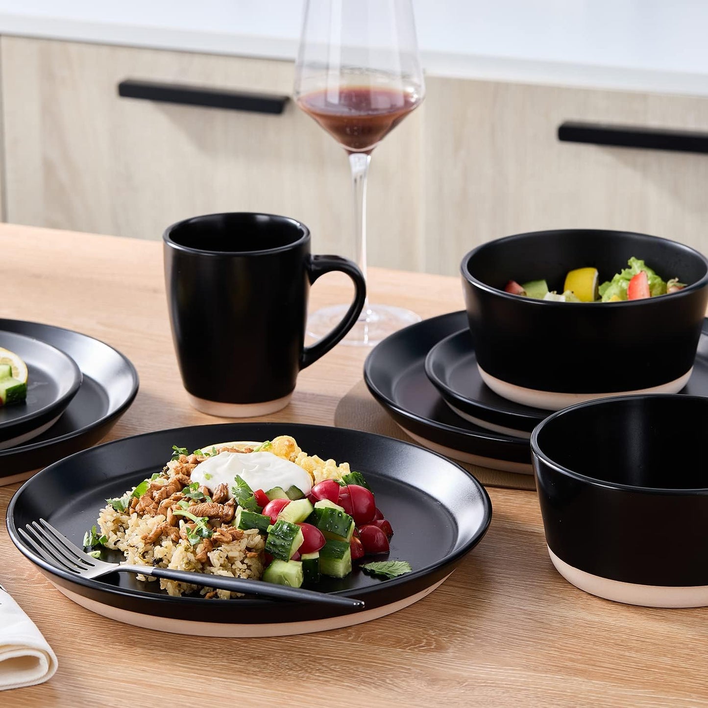 Stone Lain Jules Modern Stoneware 32-Piece Round Black Dinnerware Set, Plates and Bowls Sets, Dish Set for 8, Black