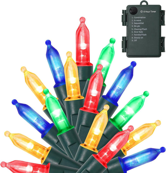 WATERGLIDE 50 LED Outdoor Christmas Lights, 16 FT Battery Operated Mini String Lights with 8 Modes & Timer, Xmas Tree Lights Waterproof for Patio Garden Party Wedding Holiday Decor, Multicolor