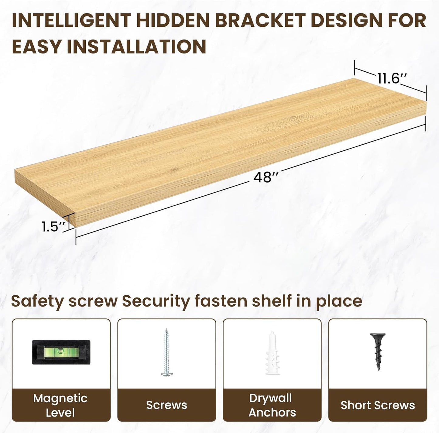 48 Inch Floating Shelves, 11.6 Inch Deep Floating Shelves for Wall, Floating Shelf with Invisible Brackets, Deep Shelves for Bathroom, Bedroom, Living Room, 1 Pack, Natural