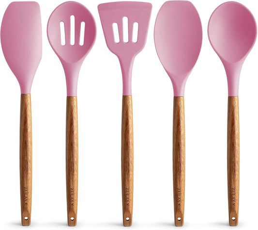 Zulay Kitchen Non-Stick Cooking Utensils Set with Authentic Acacia Wood Handles – 5-Piece Durable & Stylish Silicone Kitchen Utensils Set – Heat Resistant to 464°F – Pink