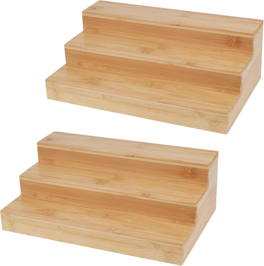 2 Pack Bamboo Spice Rack Organizer for Countertop, 3 Tier Spice Step Shelf for Cabinet (Jars Not Included)