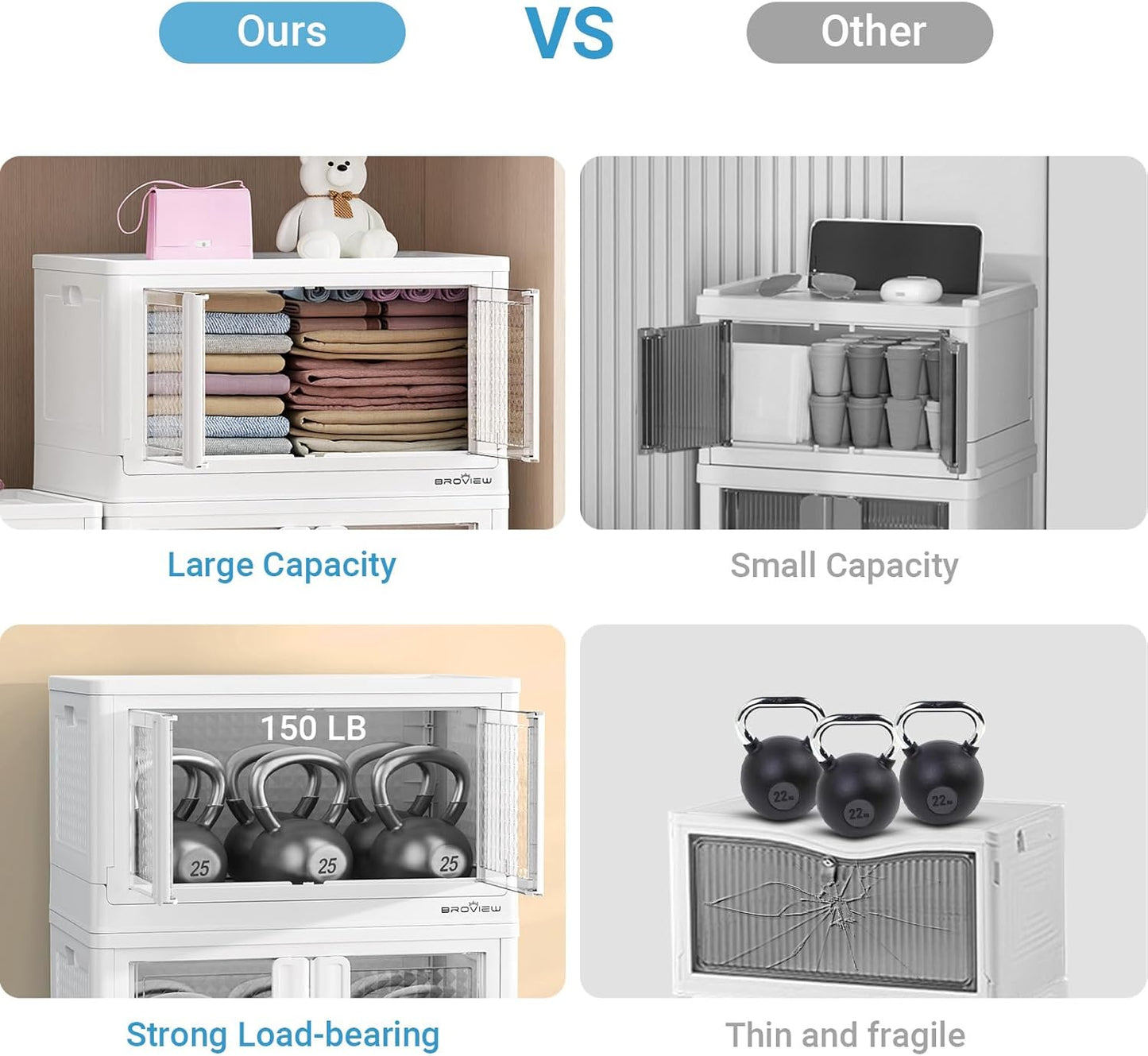 400Qt Stackable Storage Bins with Lids, 100Gal Closet Organizers and Storage Drawer, Plastic Collapsible Storage Bins with Doors, Heavy Duty Store Box Cabinet for Home Kitchen, 4Pack White