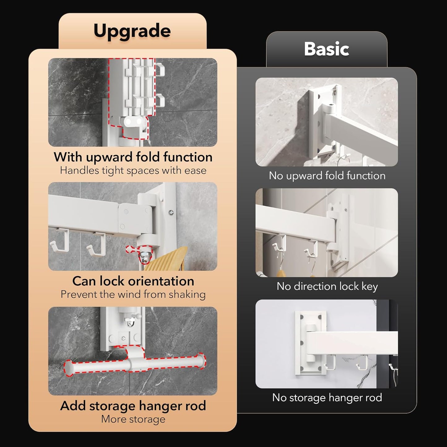 Clothes Drying Rack,Laundry Drying Rack Wall Mount, Wall Mounted Clothes Rack,Retractable,Collapsible(Tri-Fold),Drying Rack Clothing,can Fold Upward & Left & Right,Space Saver, White Color