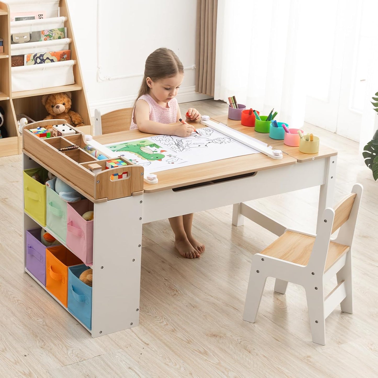 Kids Art Table and Chair - Toddler Craft Table and Chairs Set with 2 Chair & Bins, Kids Activity Desk with Paper Roll for Playrooms & Classroom, 44" L x 24" W, Natural