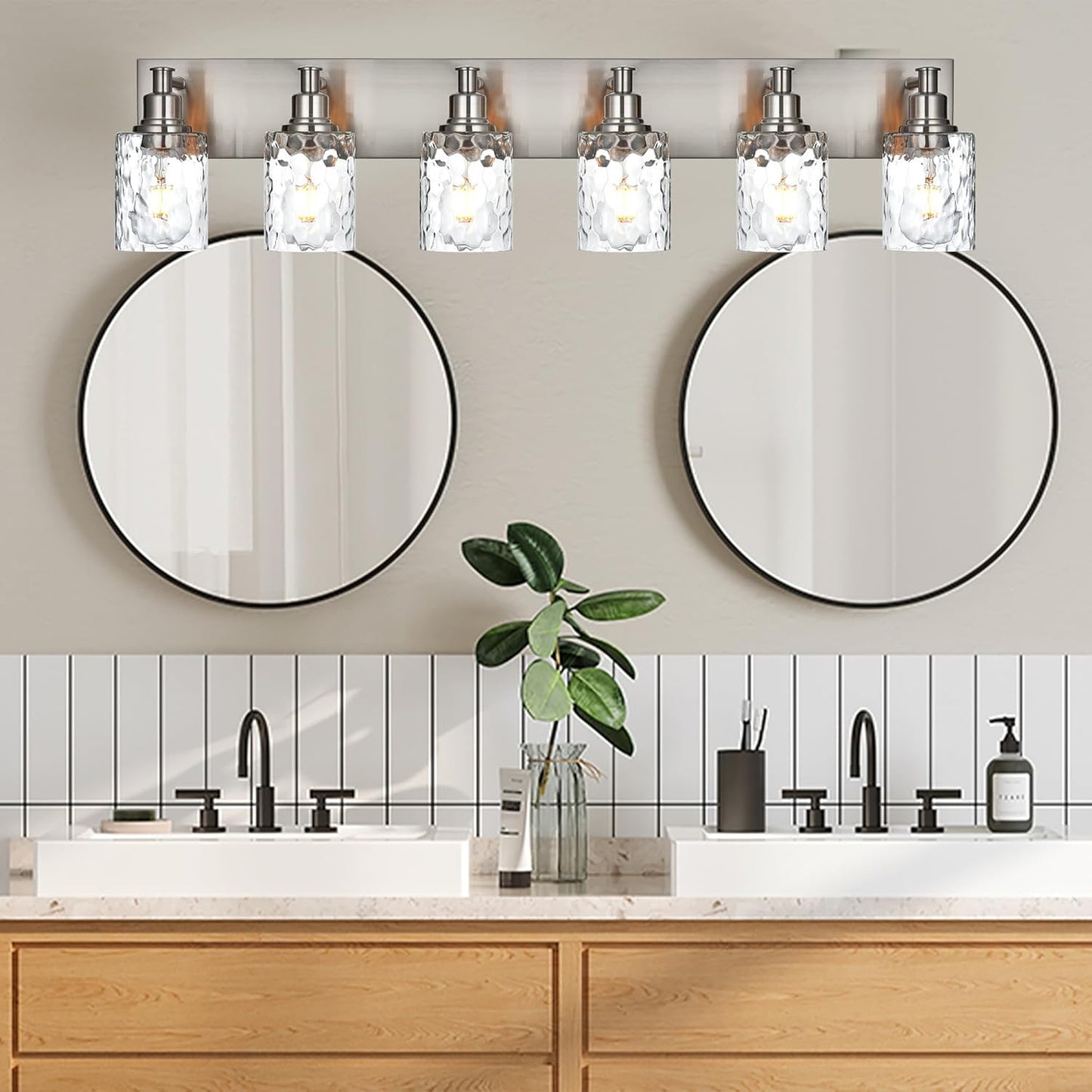 BONLICHT Vanity Light Fixture Brushed Nickel 6-Light Modern Farmhouse Wall Sconce Bathroom Lighting with Hammered Glass Industrial Wall Mount Lights for Kitchen Dining Room Cabinet Corridor