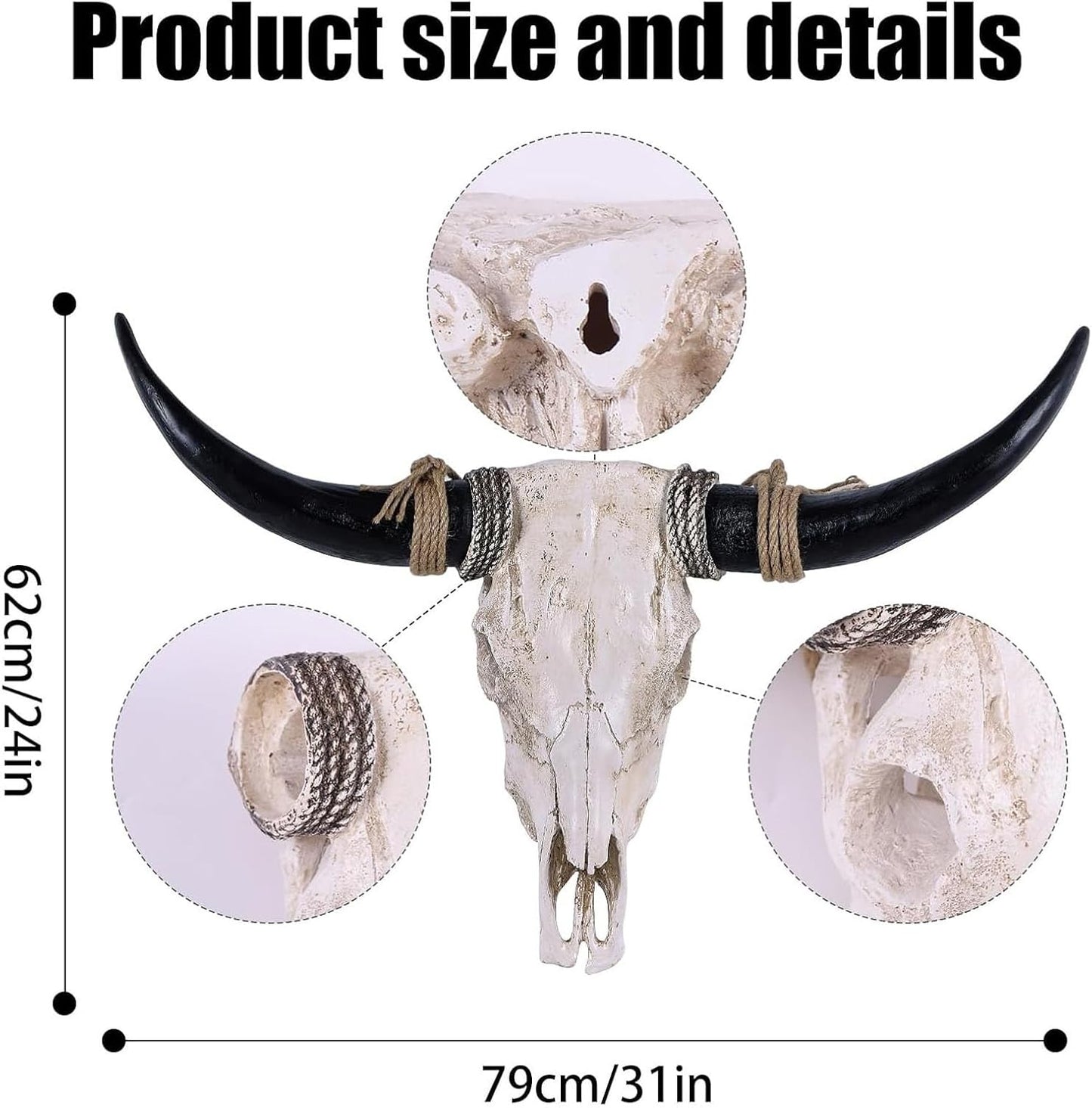 XOUXYJUN 31inch Cow Skull Wall Decor, Long Horn Wall Hanging Decor,Wall Hanging Faux Longhorn Skull Faux Taxidermy Animal Head, Handmade Decor Home Sculpture Faux Bull Horns for Wall (Black)