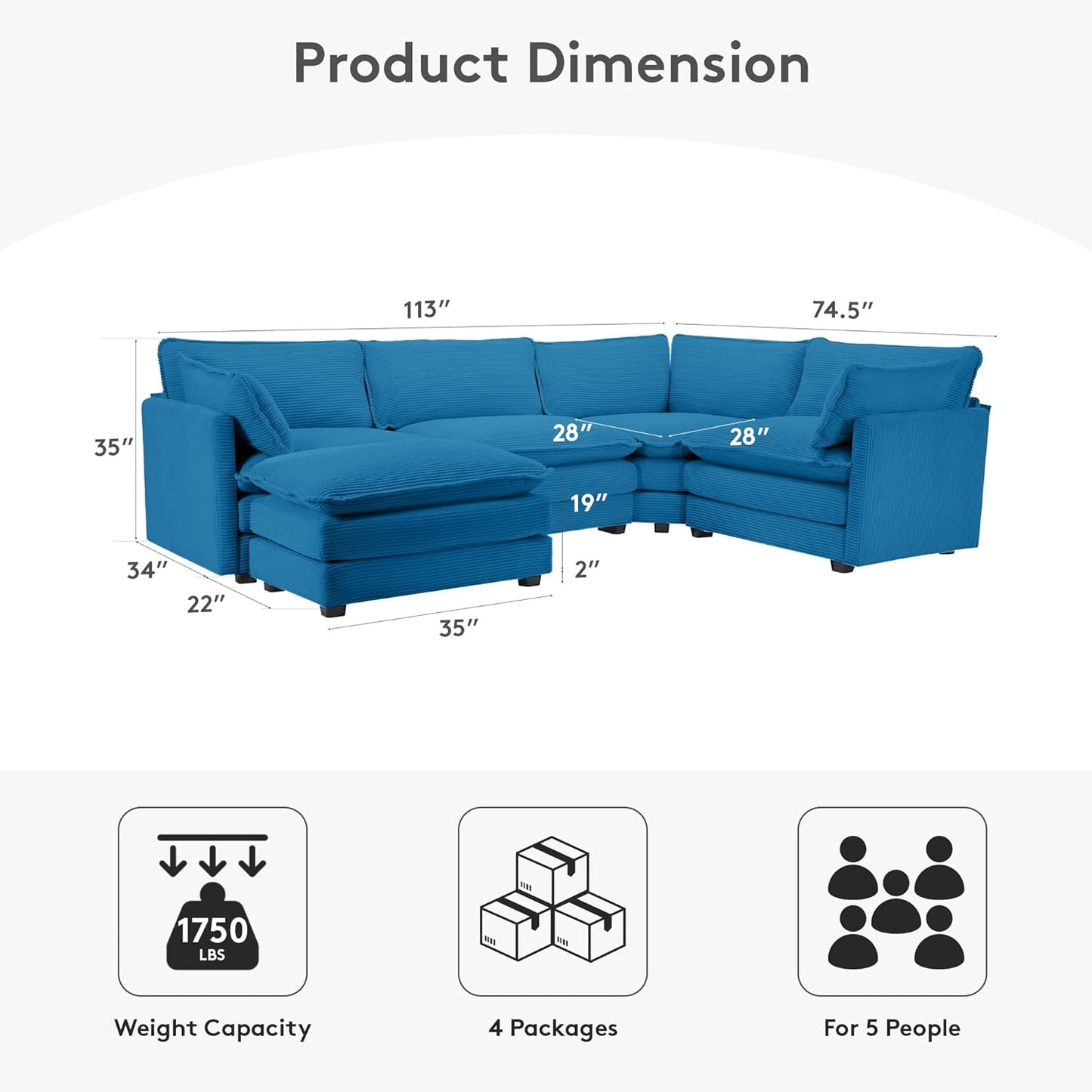 ROWHY 113'' Modular Sectional Cloud Couch, 5 Seater Corner Sofa Big Comfy Corduroy Oversized L Shaped Couch with 2 Pillows, Chaise, Ottoman, Deep Seat Sectional Couches for Living Room Office, Blue