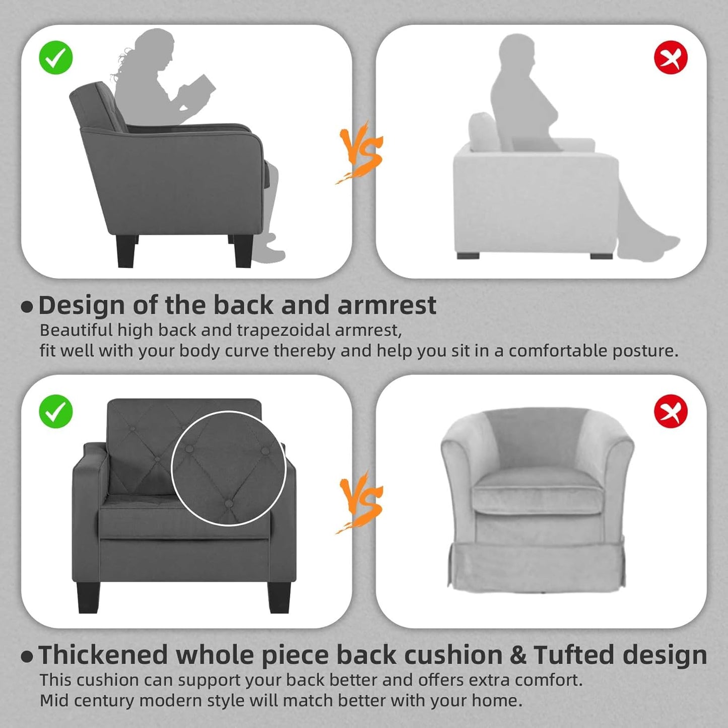 STHOUYN Living Room Chairs Accent Chairs Set of 2, Waiting Room Arm Chairs, Reading Chairs for Bedroom Comfy Club Chair Tufted, Office Small Space (2, Grey)