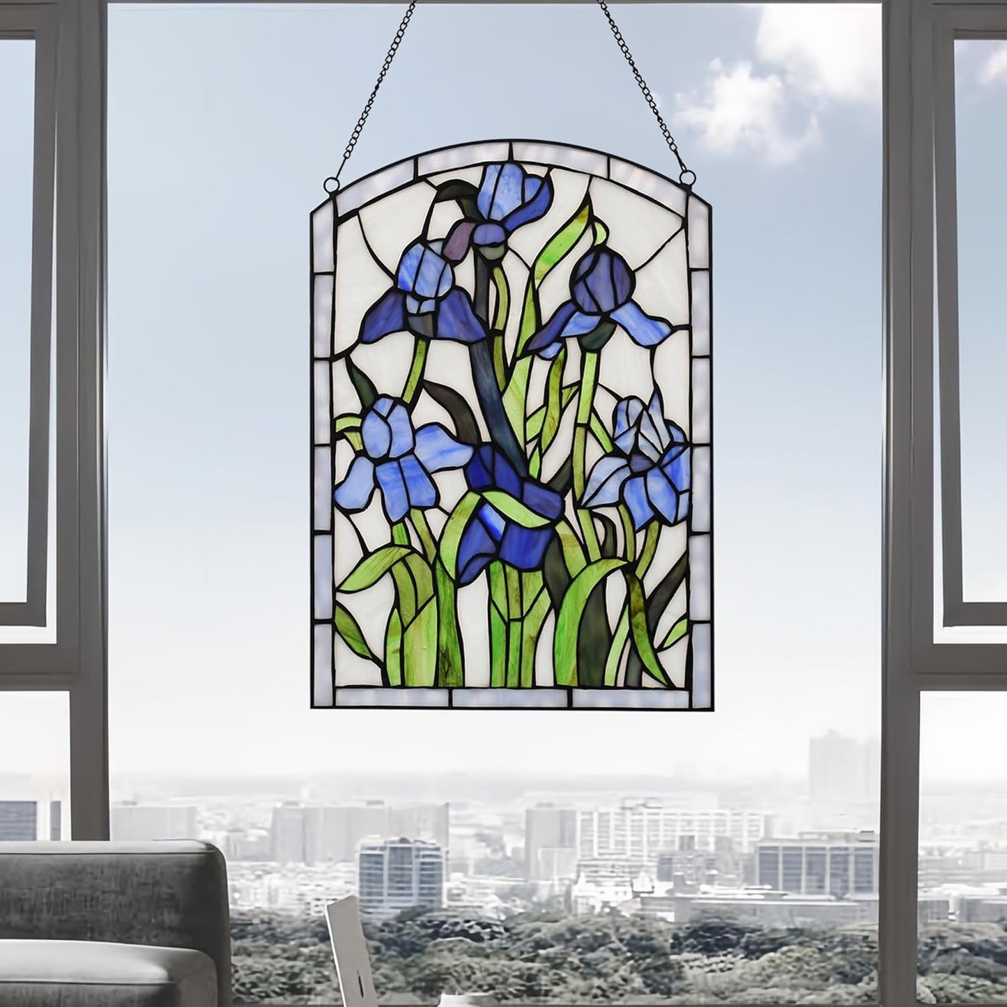YOURANJU Iris Stained Glass Window Hanging 16" H x 11" W Tiffany Style Blue Rectangular Window Panel Suitable for Living Room Bedroom Kitchen Window Decoration Hangings with Chain