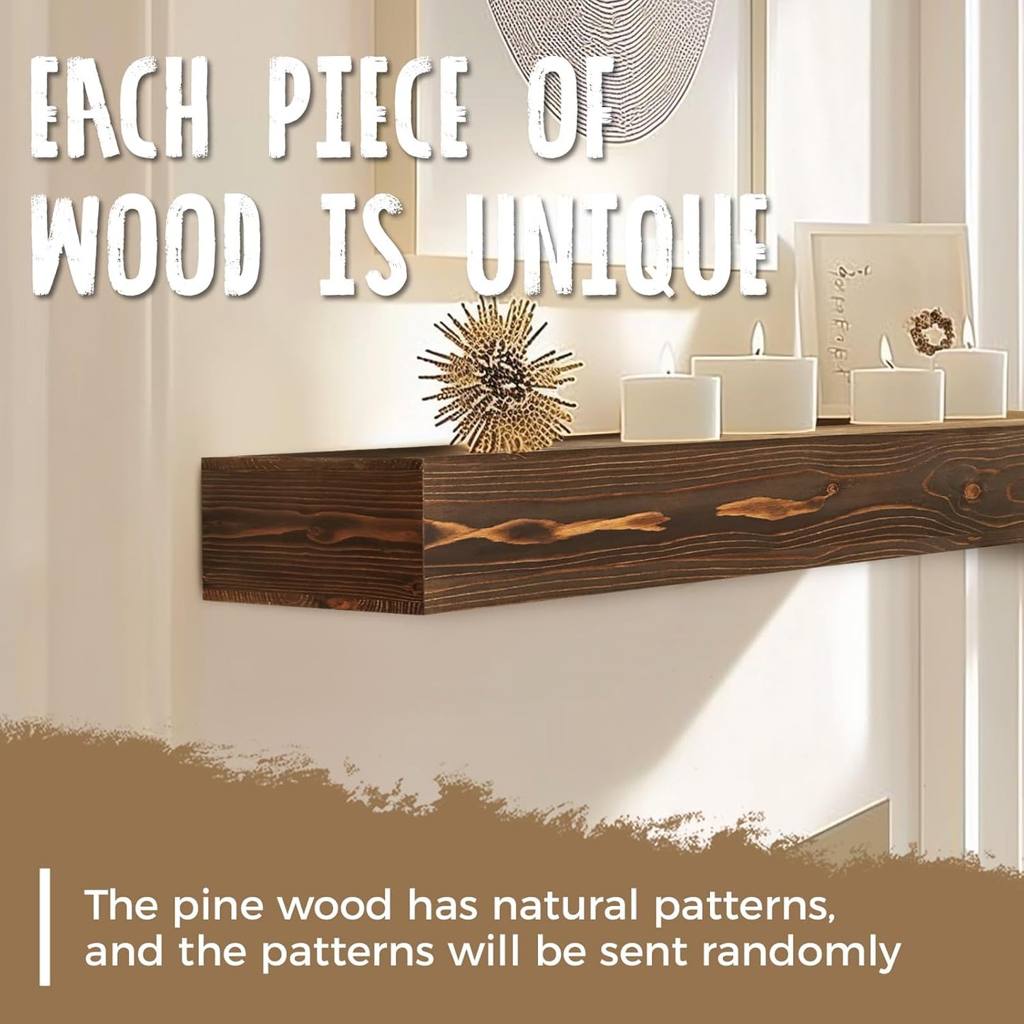 48x8x3 Fireplace Mantel - Handcrafted Hollow Rustic Solid Wood Wall Mounted Floating Shelf with Invisible Heavy Duty Wood Bracket (Weathered Brown)