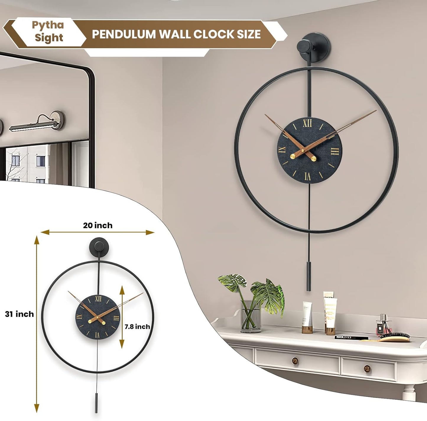 Large Modern Wall Clock,Wall Clocks for Living Room Decor,Classical Metal Minimalist Roman Numeral Dial,Big Decorative Farmhouse Pendulum Wall Clock With Walnut Pointers for Office,Dining Room