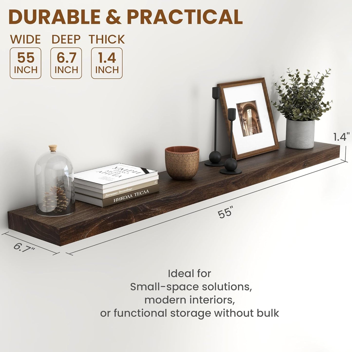 55" Floating Shelves for Wall, Rustic Elm Wood Floating Shelf for Home Decor, Wall-Mounted Display Shelves with Heavy-Duty Bracket, Long Floating Shelf for Bathroom, Kitchen, Living Room, Walnut Color