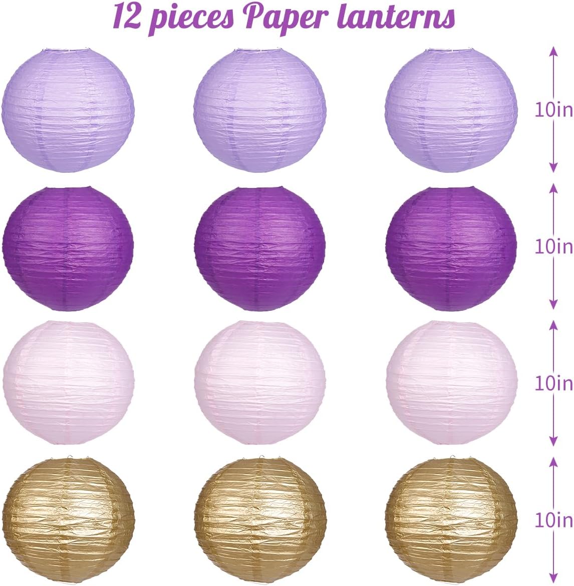 Paper Lanterns Purple Gold Round Hanging Chinese Lanterns for Birthday Baby Shower Bachelorette Party Decorations Pack of 12