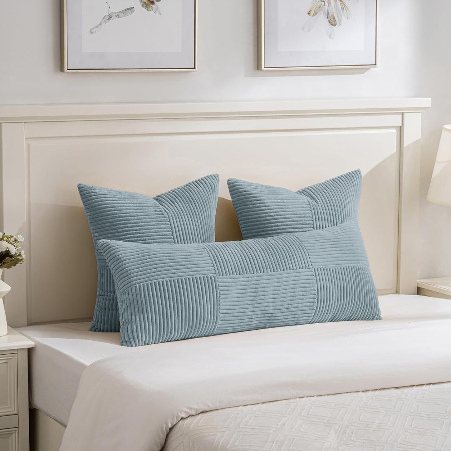 Fancy Homi Set of 2 Light Blue Big Decorative Throw Pillow Covers 24x24 Inch for Couch Bed Sofa, Rustic Farmhouse Boho Home Decor, Soft Cross Corduroy Patchwork Accent Square Cushion Case 60x60 cm