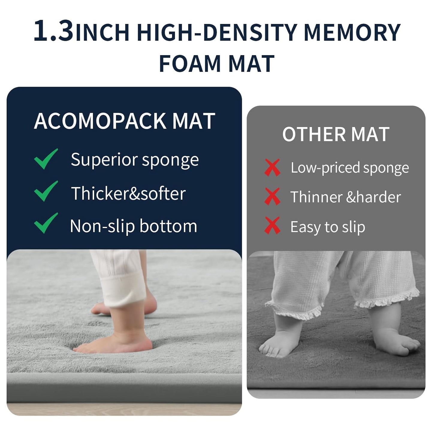 ACOMOPACK Baby Play Mat for Floor 1.3" Thick Memory Foam Play Mat 39"×59" Tummy Time Crawling with Non-Slip Bottom for Living Room,Nursery,Soft Velvet Playpen Mats for Kids,Infants（Light Grey）