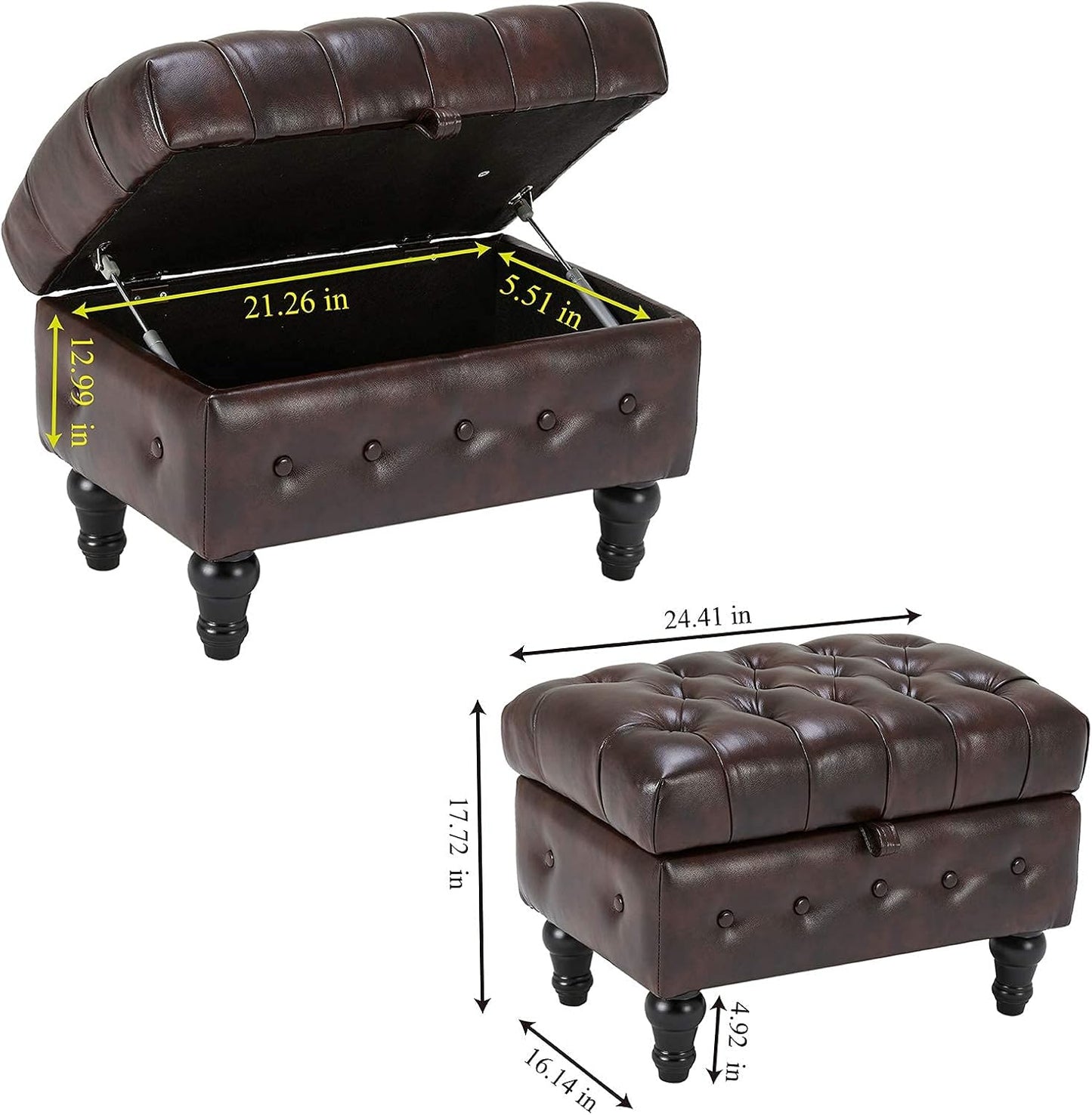 Artechworks Coffee Table Ottoman with Storage,Button Tufted PU Leather Upholstery Footstool Bed Ottoman for Living Room, Home Office, Space-Saving Storage Toy Box Stool, Brown