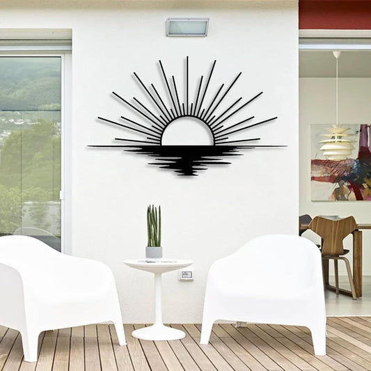 Sunrise Metal Wall Art, Metal Sun Wall Decor, Metal Sun Outdoor Decor, Large Metal Sun Wall Art, Sun Wall Art, Boho Sun Wall Art, Sunshine Metal Sign, Living Room Bedroom Wall Hangings (Black, 53"x 31"| 135x80cm)