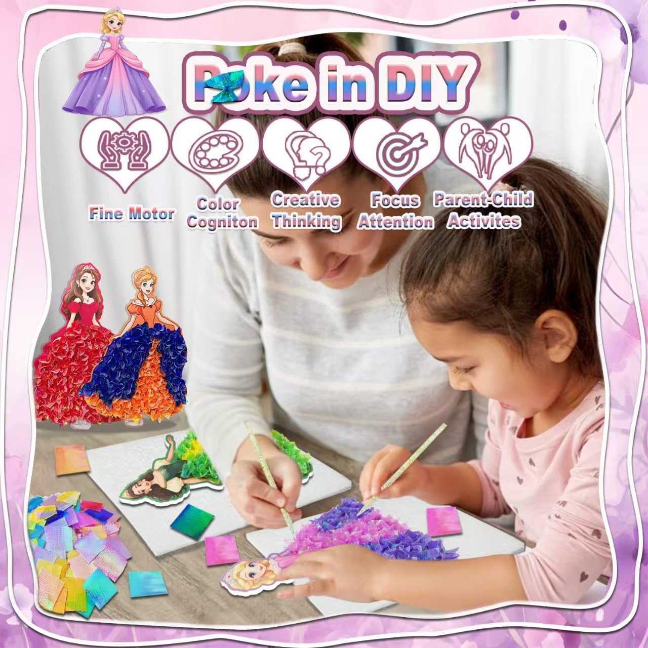 mom&myaboys Poke in Fun Art Kit for Kids DIY Princess Craft Set Birthday Gifts for Girls Ages4-8,Mess-Free Art for Children Fun Activity for Boys Old 3 4 5 6 7 8 9,Christmas Gift for Kid 3 Up