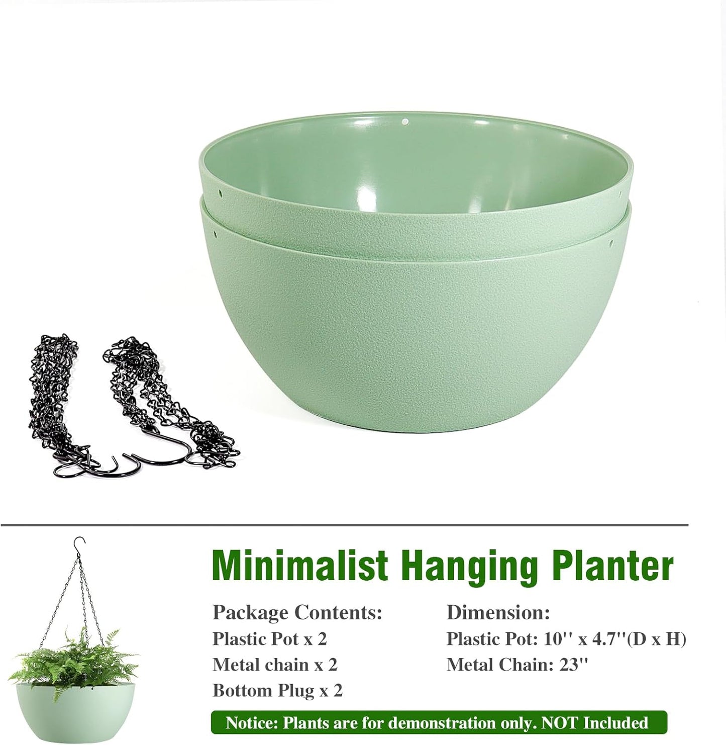 10 inch Hanging Planters for Outdoor Indoor Plants with Drainage Holes and Chain, 2 Pack Round Hanging Flower Pots for Garden Home Porch Decor,Green