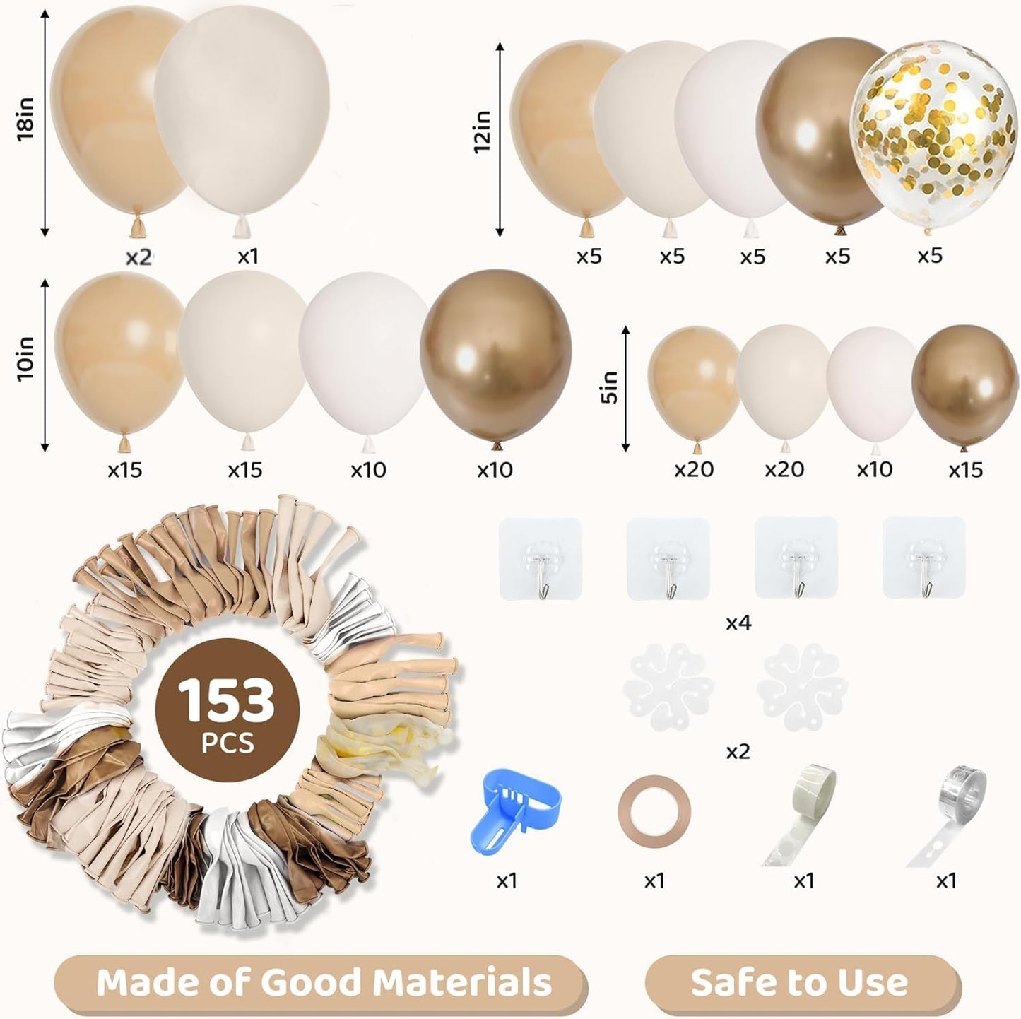 Amandir 153pcs White Sand Balloon Garland Arch Kit, Different Sizes 18 12 10 5 inch Beige Cream Champagne Gold Latex Metallic Confetti Balloons for Boho Neutral Baby Shower Birthday Party Decorations