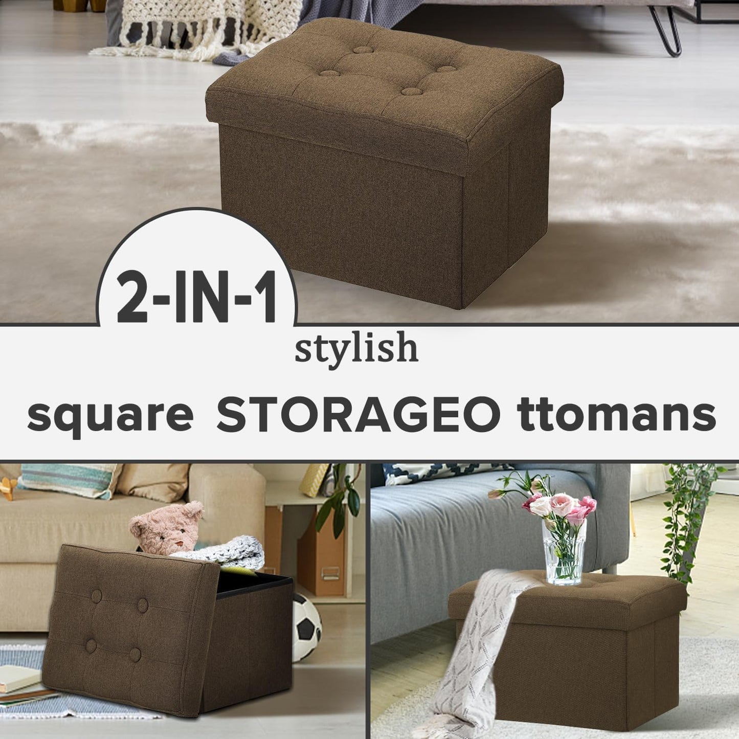 LINMAGCO Ottoman Storage Ottoman with Storage Small Foot Rest Stool Under Desk Stool Short Folding Footrest Linen Cloth Brown 16X12X12IN