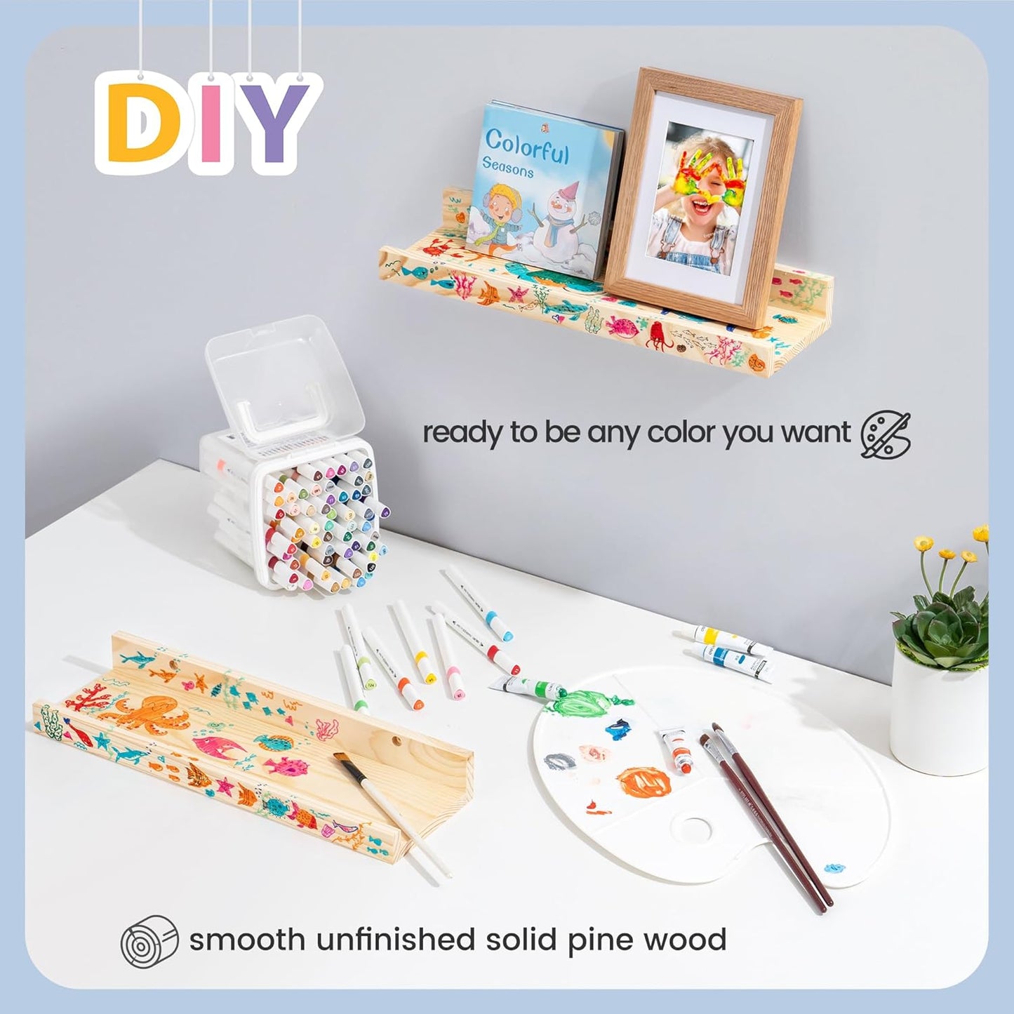 Picture Ledge Shelf for Wall, 24 inch Solid Pine Wood Nursery Book Shelves 2 Packs, Floating Ledge Shelves for Kids' Room Bedroom Bathroom Living Room Photo Frames Office Nursey Wall Decor, Natural