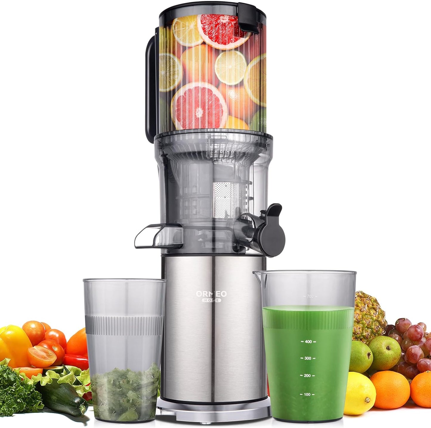 Juicer Machines, Cold Press Juicer with 5.0” Large Feed Chute Fit Whole Fruits & Vegetables, Stainless Steel Masticating Juicer With Pulp Seperation, 99% Juice Purity, 200W Quiet Motor, Easy to Clean