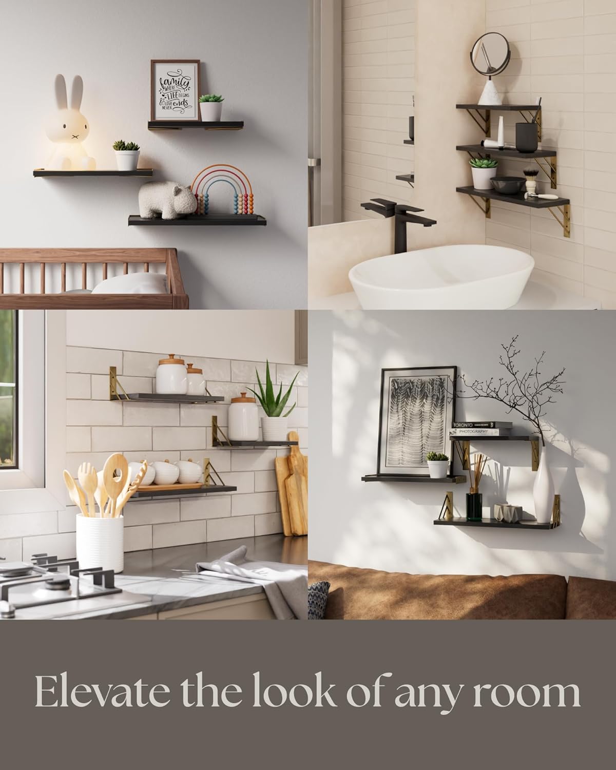 BAYKA Wall Shelves for Bedroom Decor, Floating Wall Shelves for Living Room Kitchen Storage, Wall Mounted Rustic Wood Floating Shelves for Kids Books, Corner Shelves for Bathroom, Office(Set of 3)