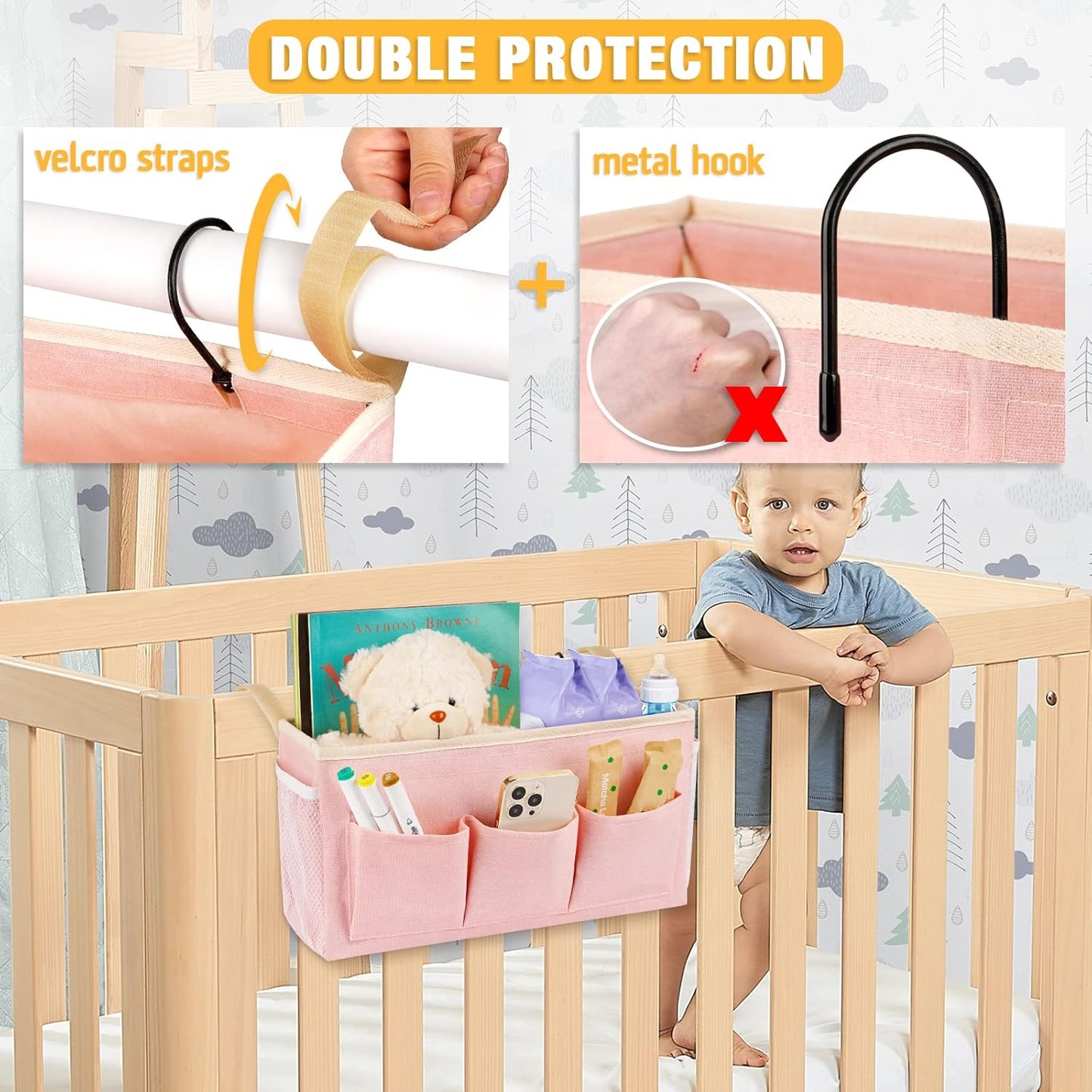 Bedside Caddy Bedside Organizer Bedside Storage Caddy with Fixed Straps and Water Bottle Holder for Home College Dorm Bunk Bed Hospital Bed Crib Bed Rails (2pcs Pink)