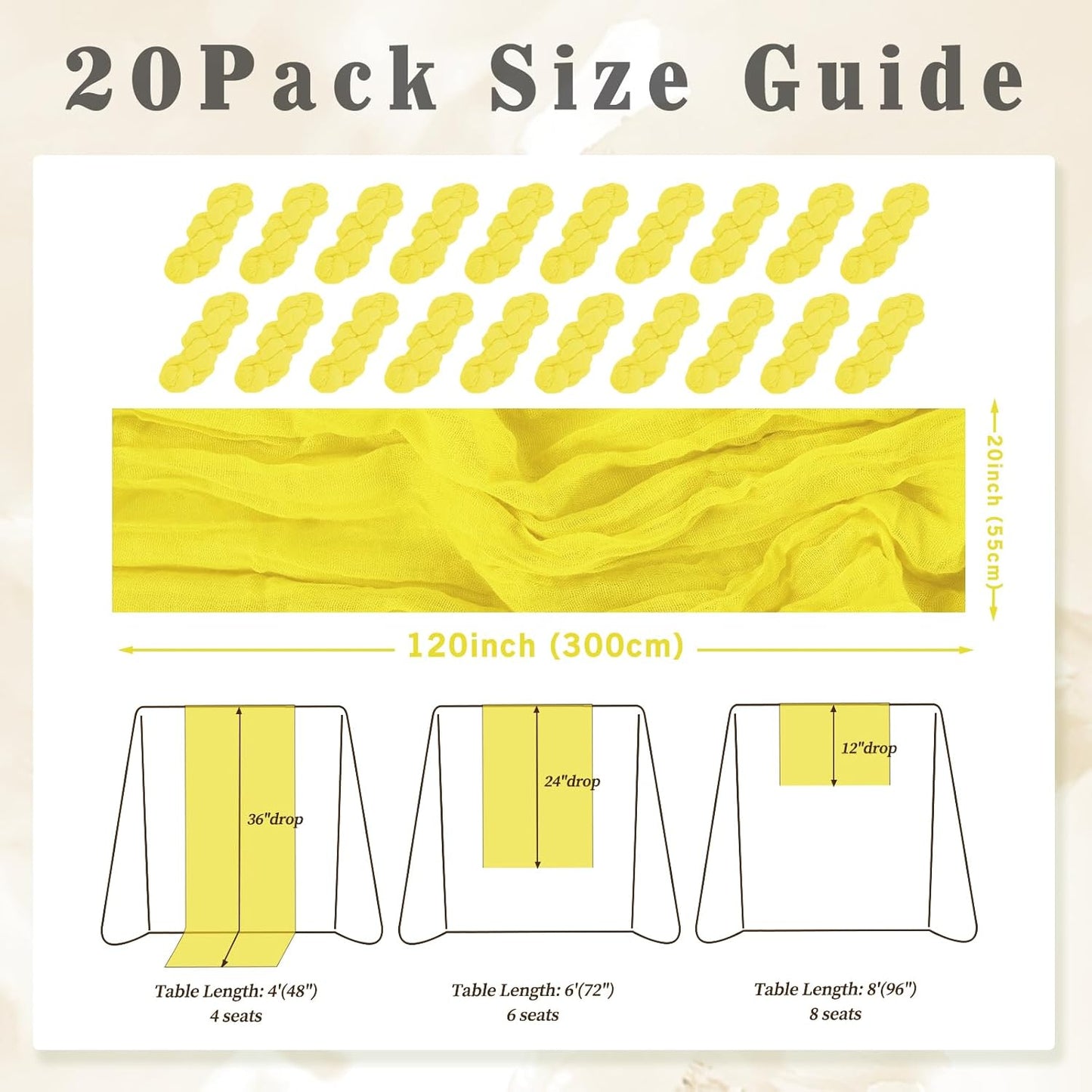 20 Pack Yellow Cheesecloth Table Runner 20 x 120 Inch Long Rustic Gauze Cheese Cloth Table Runner for Wedding 10FT Bridal Baby Shower Table Decorations Boho Fabric Sheer Birthday Party Table Decor
