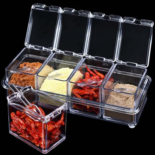 4 PCS Seasoning Box, Clear Spice Containers with Spoon, Acrylic Toppings Containers with Lids, Kitchen Multi Spice Box for Salt, Sugar, Pepper, Garlic Powder
