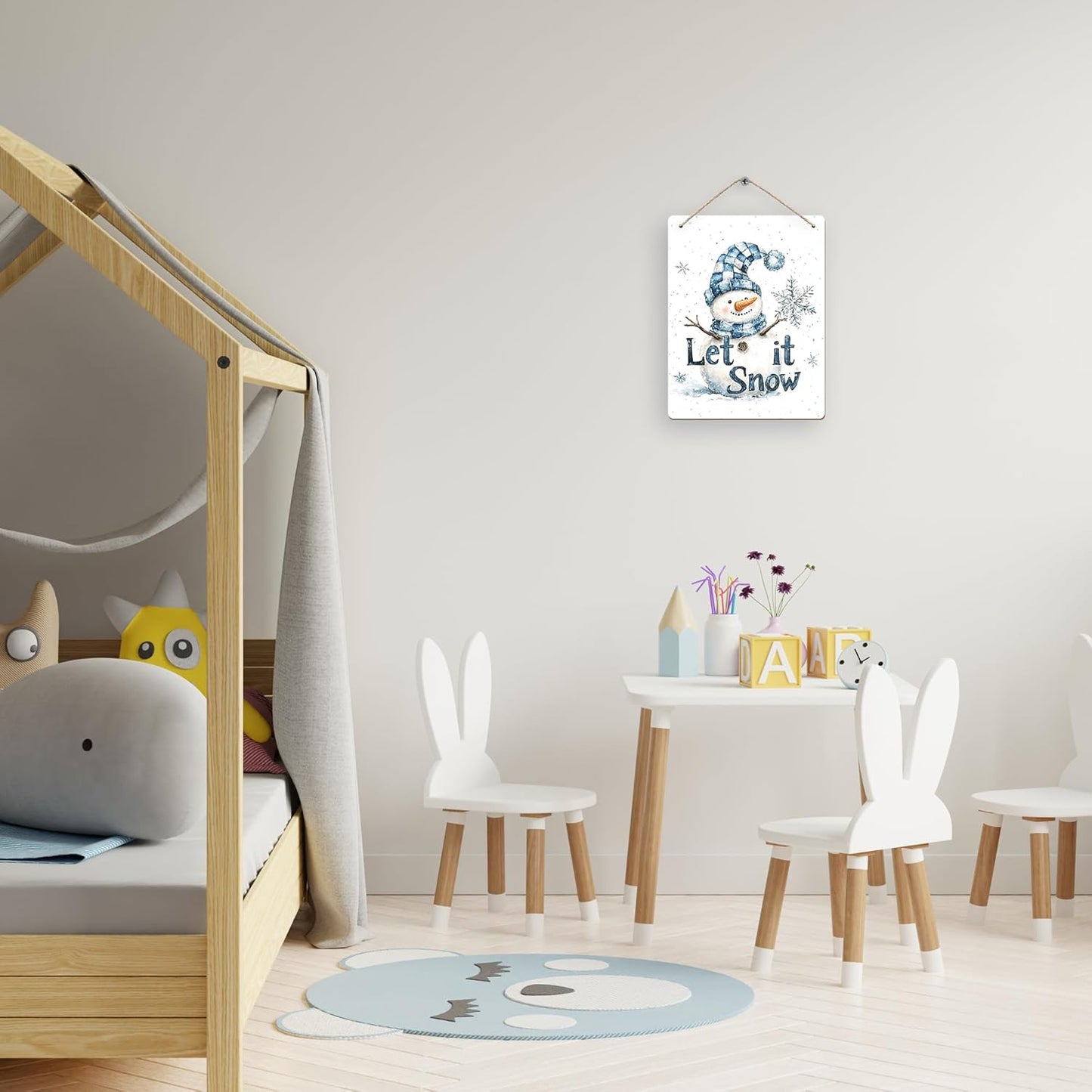 Winter Snowman Hanging Wooden Signs 12x6, Let It Snow Signs, Winter Wall Decor, Winter Door Decor, Blue Snowman Winter Snowflakes Home Room Office Hanging Wall Decor