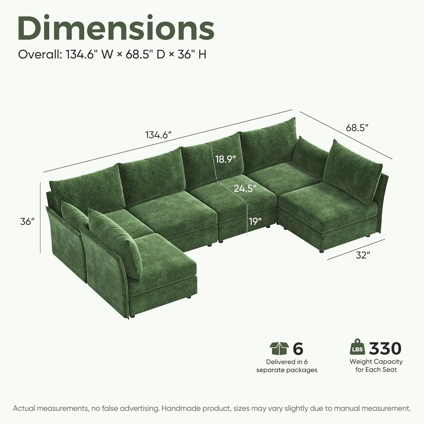 134.6" Oversized Modular Sectional Sofa, Large 6 Seater U Shaped Couch Deep Seat for Living Room, Apartment - Chenille Green