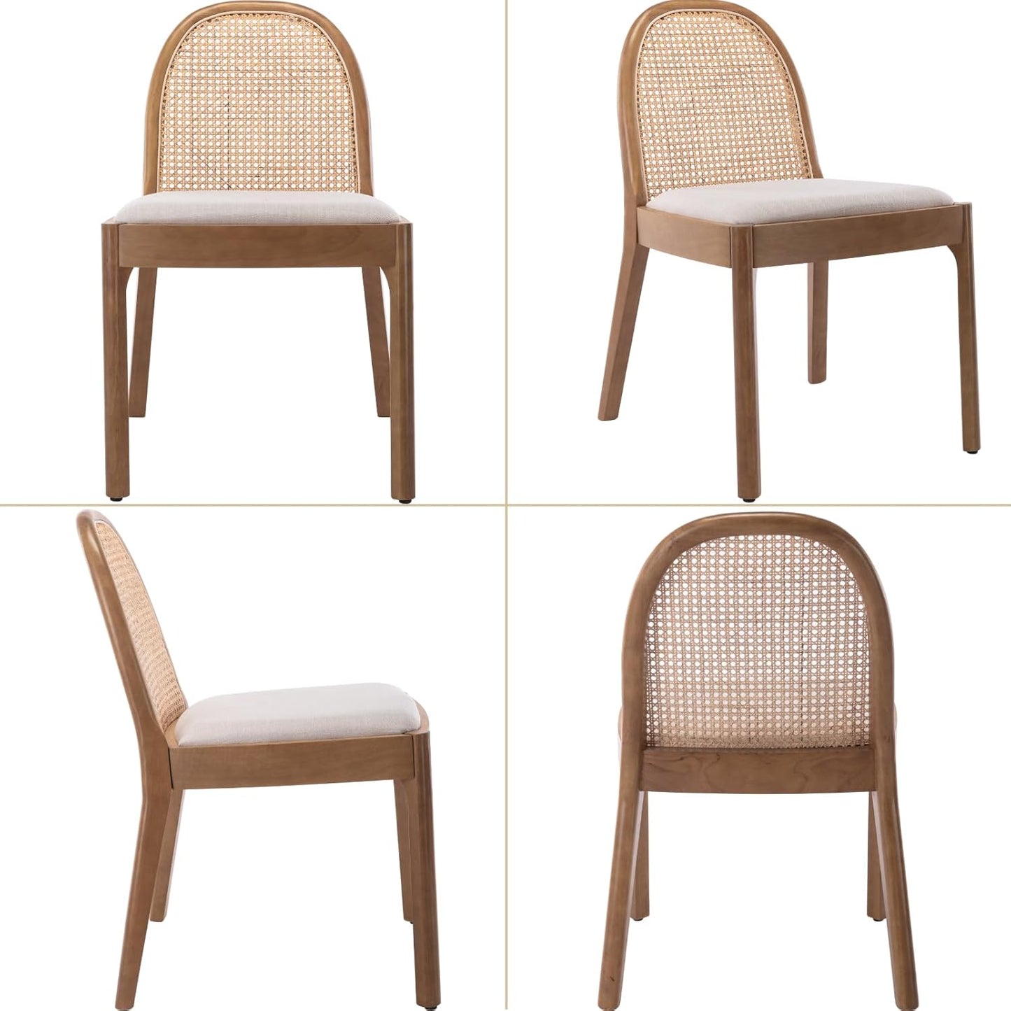 Mid Century Dining Chairs Set of 4, Accent Rattan Linen Fabric Side Chairs Kitchen Chair with Solid Wooden Legs for Living Room Dining Room, Beige