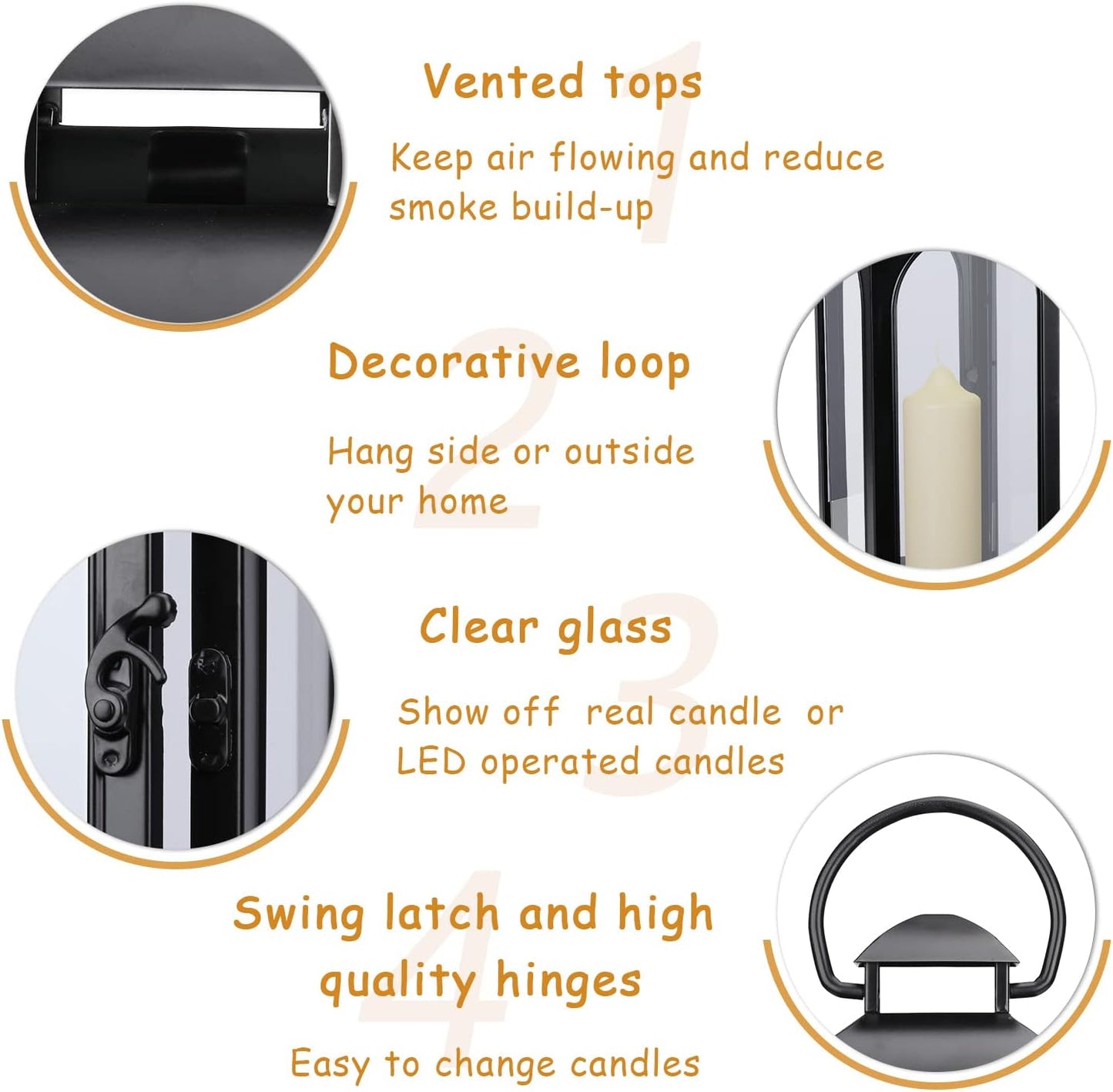 Bdor 2 Pack Luxury Black Metal Lanterns – 16" Tall Modern Hurricane Candle Lanterns with Tempered Glass Panels for Front Porch, Tabletop, Mantel, Wall Hanging, Garden, Indoor & Outdoor Décor