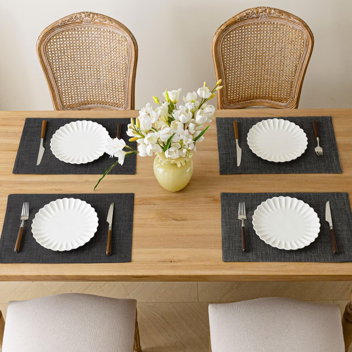 Placemats Set of 6, Bilayer Thickened Linen Place Mats Heat Resistant Machine Washable Wrinkle Free Carefully Selected Polyester Mats for Kitchen/Dining/Coffee Table (Charcoal Grey)