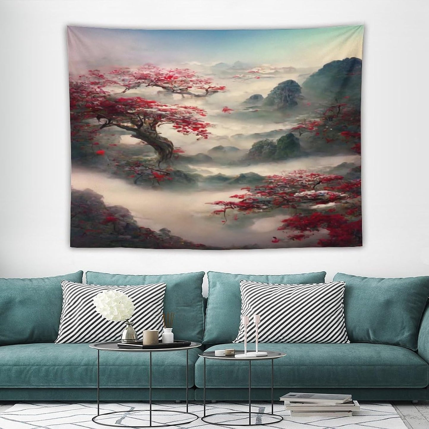 Japanese Tapestry, Red Plum Cherry Blossom Mountain, Nature Landscape, Bedroom & Living Room Decor, 80"x60"
