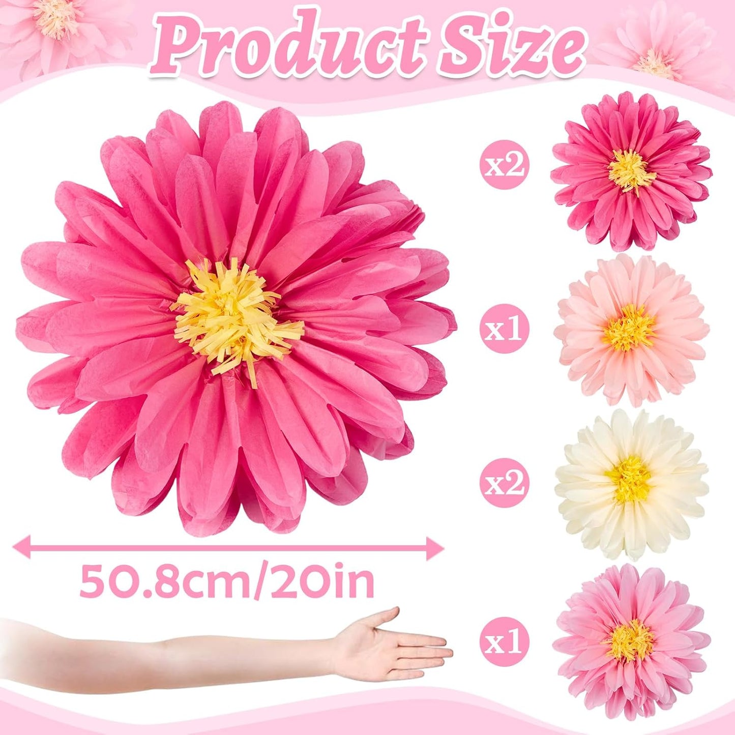 Homarkable 6 Pcs Large Pink Tissue Paper Flowers, 20 Inch Handcrafted Giant Paper Flowers for Spring Summer Party Wedding Birthday Backdrop Baby Shower Nursery Craft Outdoor Wall Decor