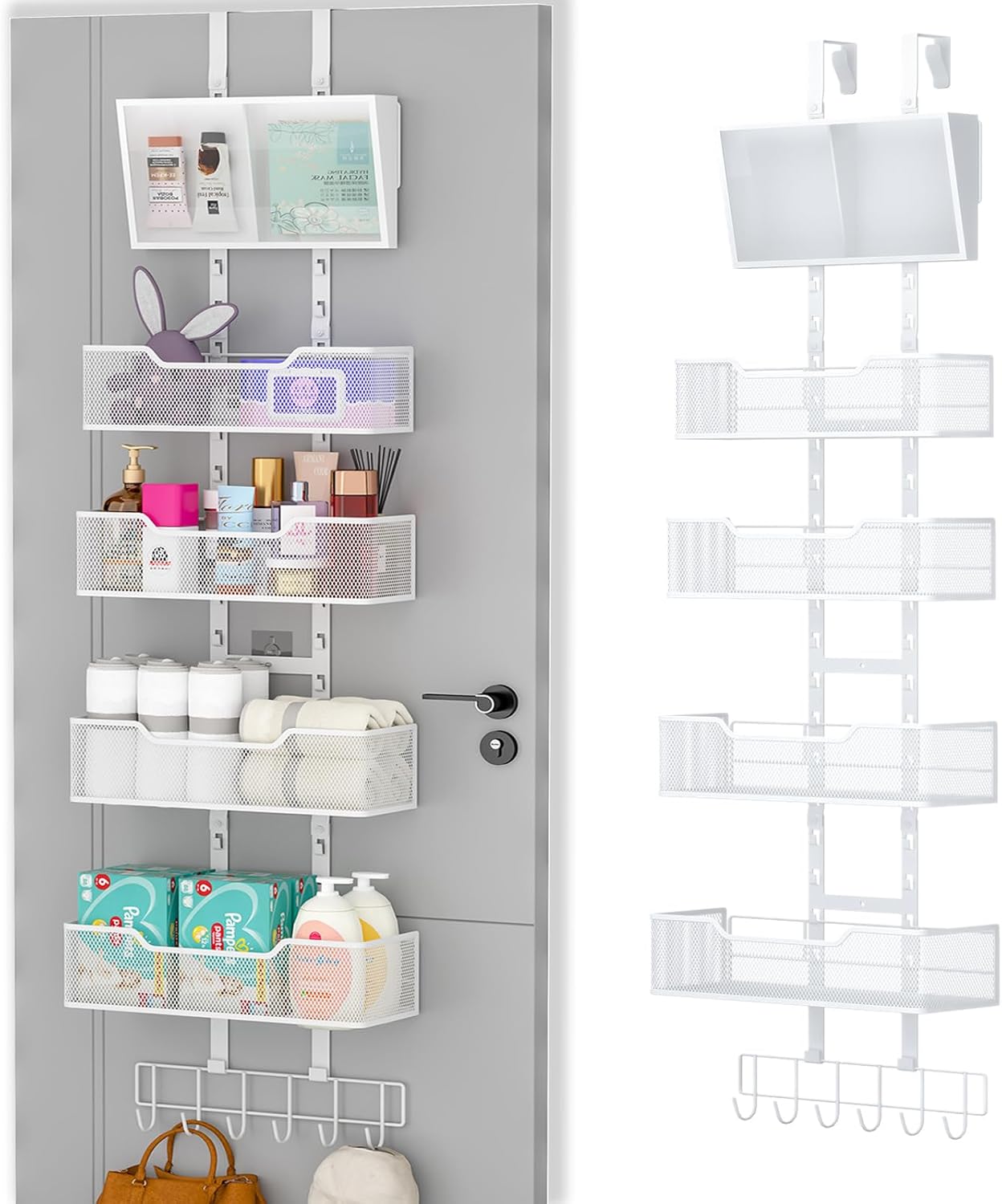 Adjustable Over The Door Organizer, Hanging Door Storage with PVC Pocket and 4 Metal Baskets Wall Mount, Closet Door Organizer Behind Door Rack for Bathroom Bedroom Closet, White