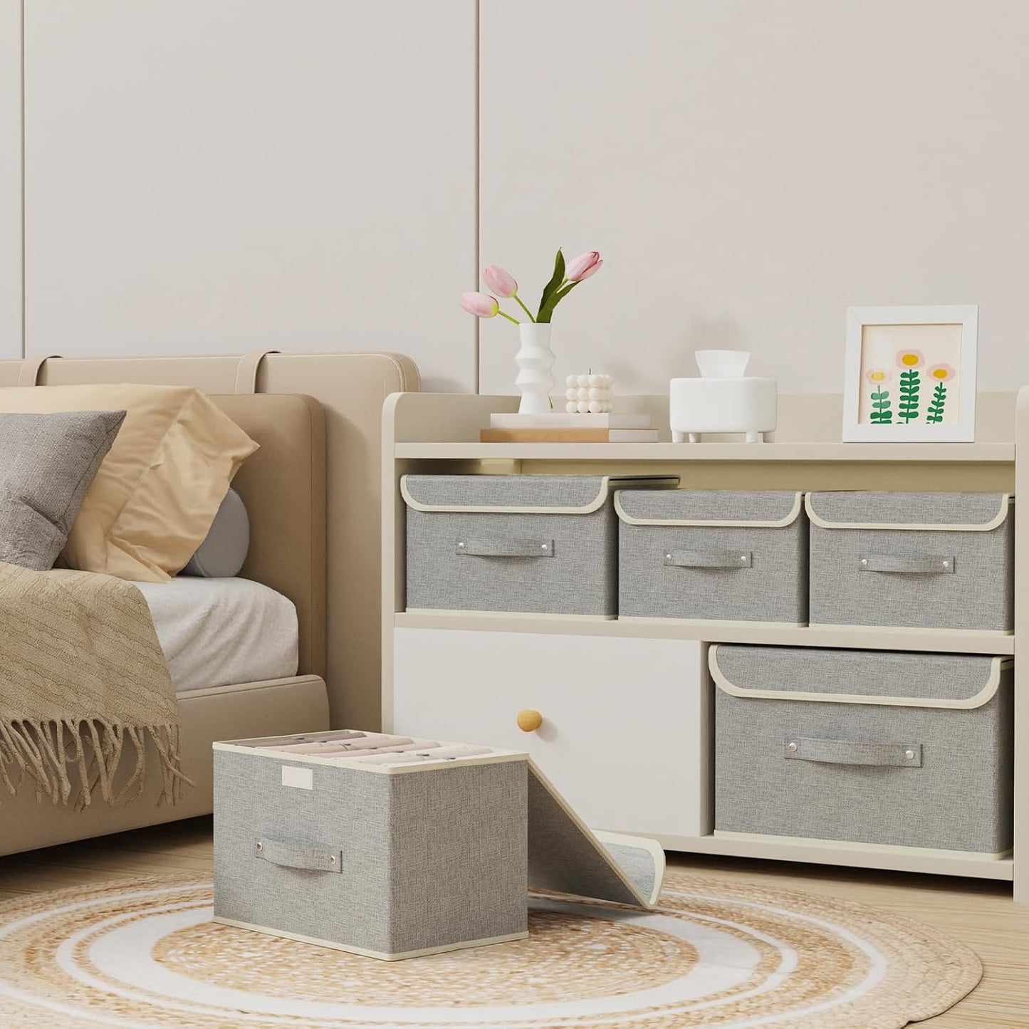 Storage Boxes, Collapsible Storage Bins with Lids, Cotton and linen cloth Storage Baskets with Handle, for Books, Closet, Bedroom, Home, Grey, 3 Pack 10.2 X 7.9 X 6.7in